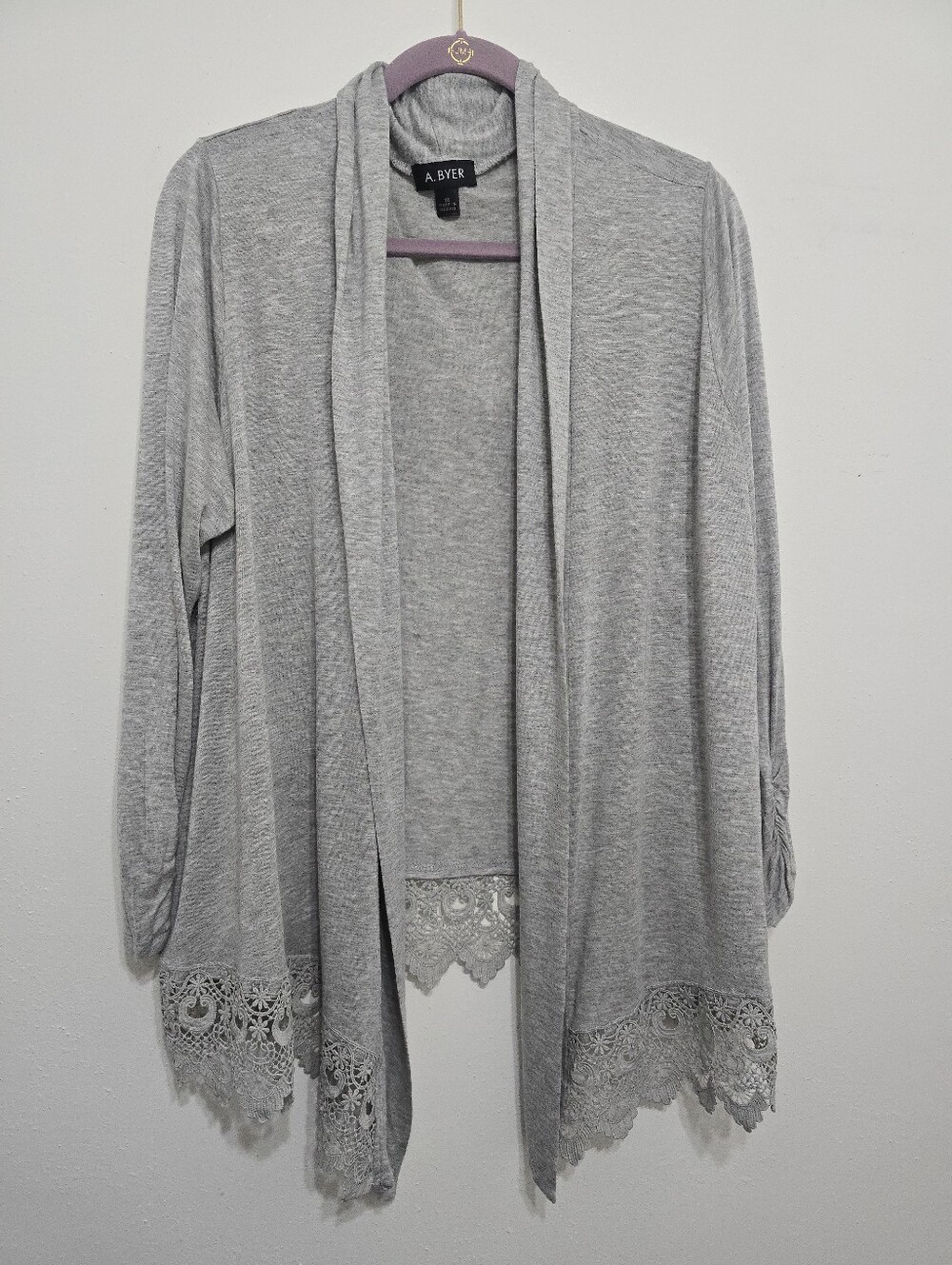 A. Byer Gray Open Front Cardigan with Lace Trim